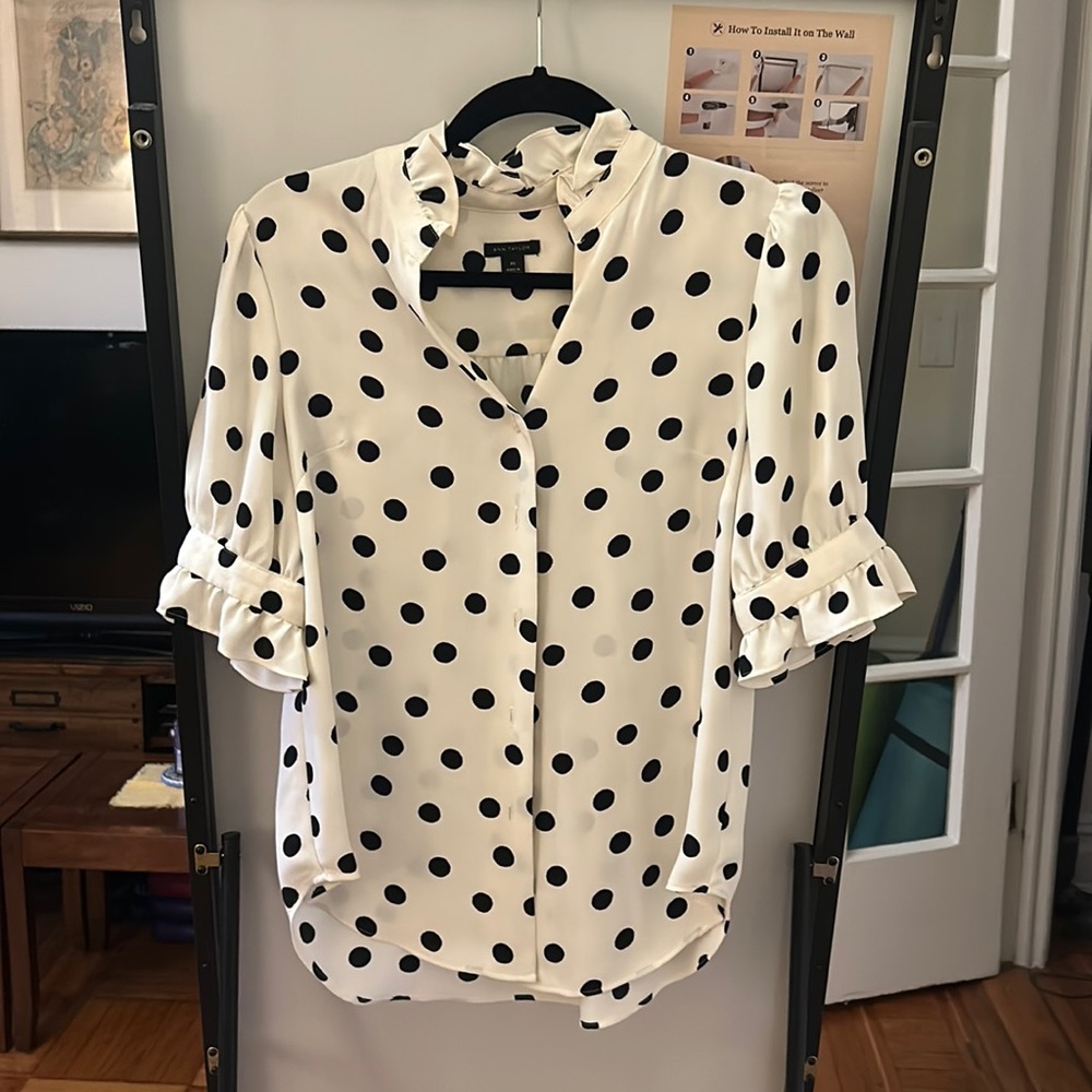 Ann Taylor XS work blouse white and black polka dot shirt